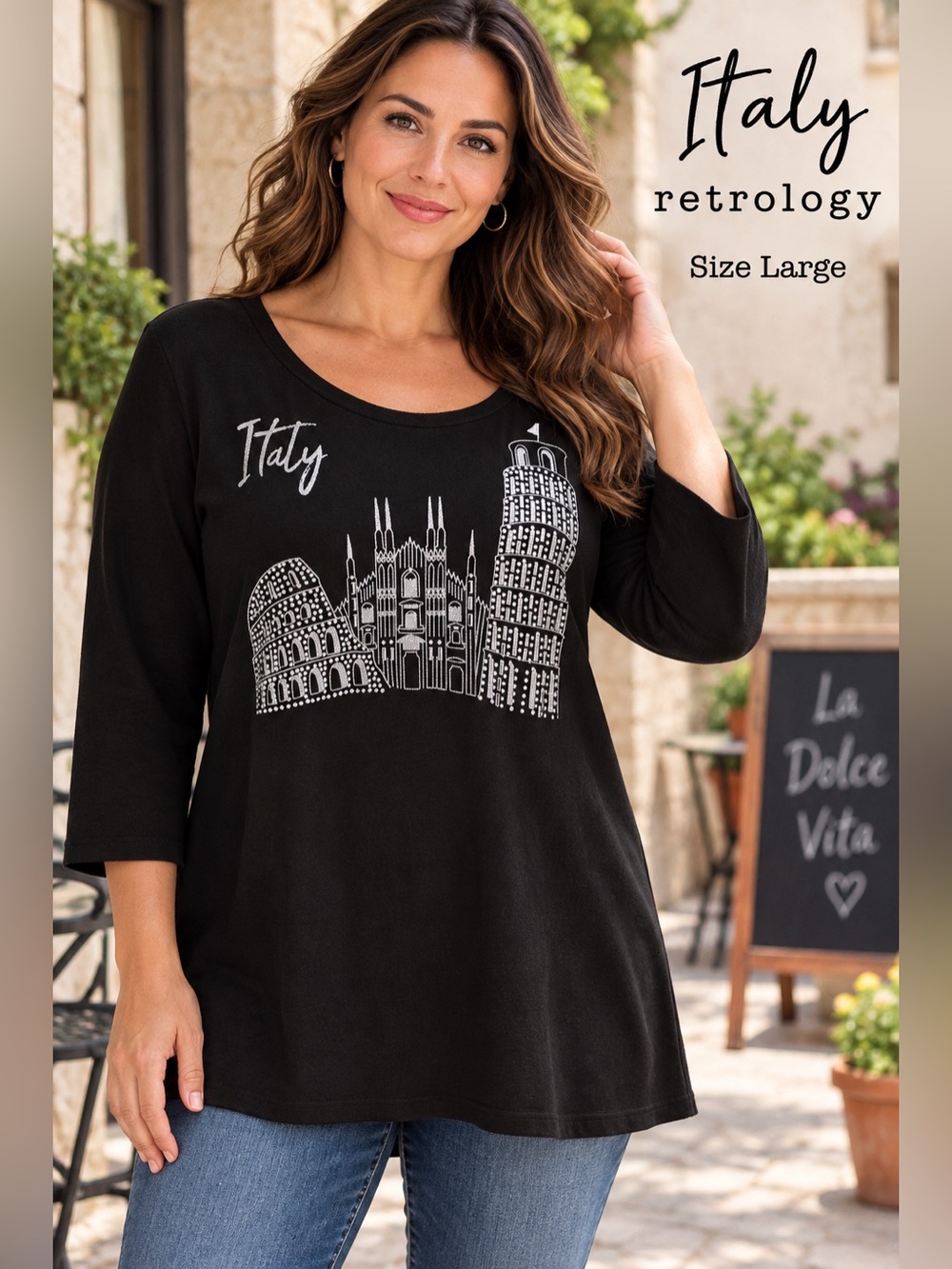 Retrology Italy Rhinestone/Glitter Landmark Black Tee Size Large NWT